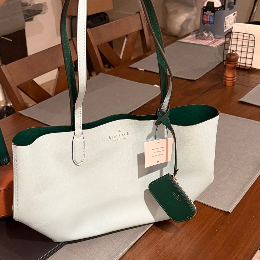 kate spade light blue and Deep Green Reversible Tote with Pouch